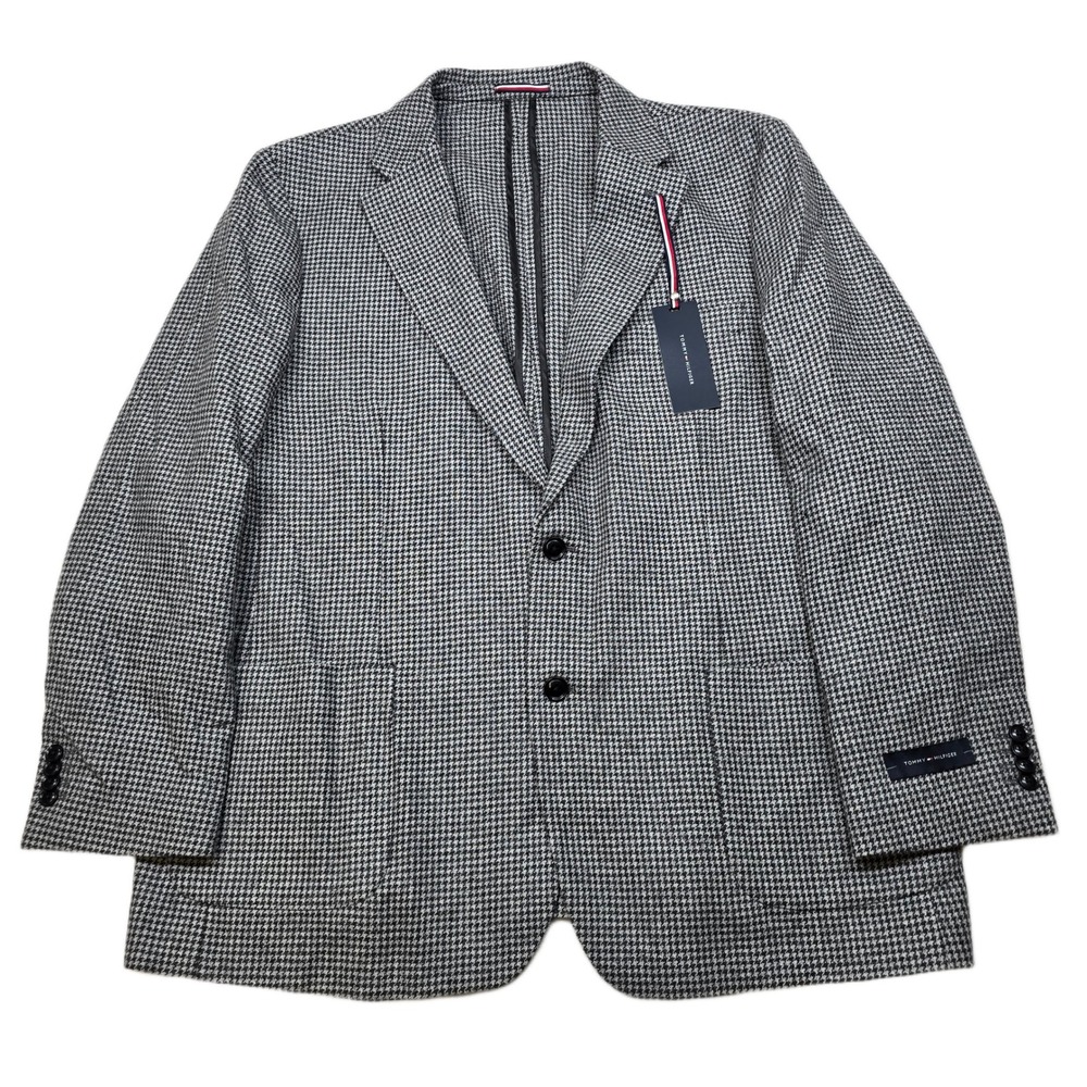 Tommy Hilfiger Houndstooth‎ Sport Coat Mens 48R Light Grey Black Wool $375 NEW